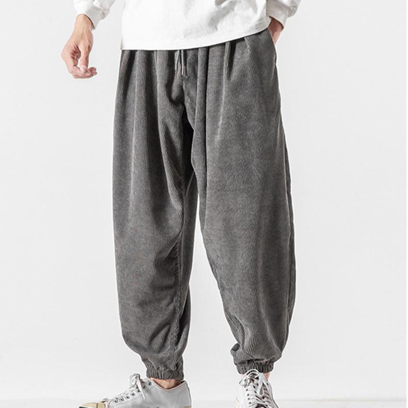 Nimara Ritual Casual Pure Color Men's Drawstring Corduroy Harem Ankle-Length Pants With Pockets