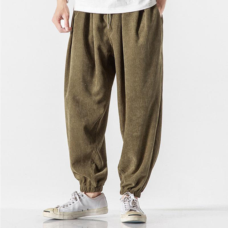 Nimara Ritual Casual Pure Color Men's Drawstring Corduroy Harem Ankle-Length Pants With Pockets