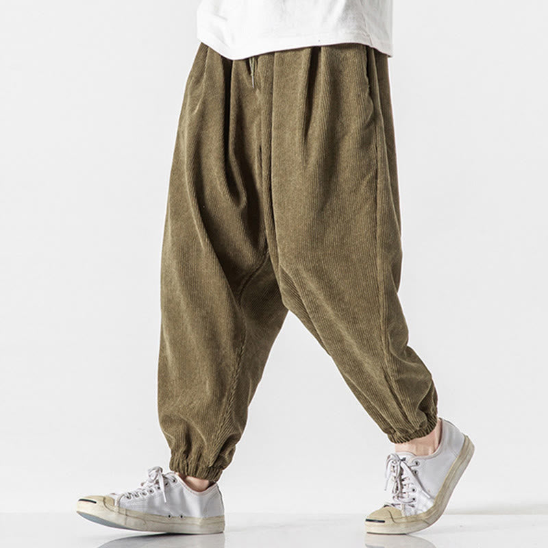 Nimara Ritual Casual Pure Color Men's Drawstring Corduroy Harem Ankle-Length Pants With Pockets