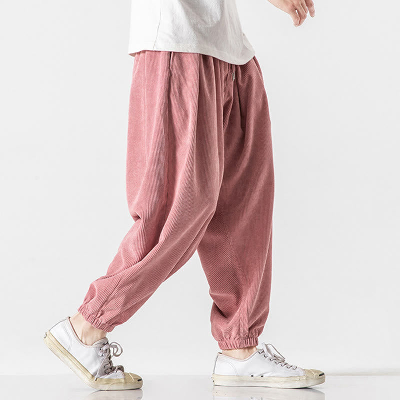Nimara Ritual Casual Pure Color Men's Drawstring Corduroy Harem Ankle-Length Pants With Pockets