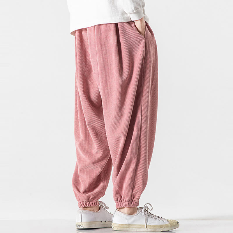 Nimara Ritual Casual Pure Color Men's Drawstring Corduroy Harem Ankle-Length Pants With Pockets