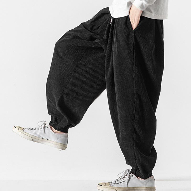 Nimara Ritual Casual Pure Color Men's Drawstring Corduroy Harem Ankle-Length Pants With Pockets