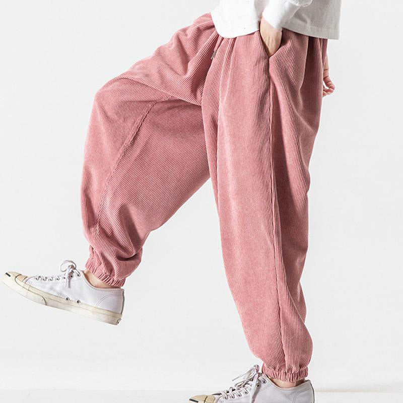 Nimara Ritual Casual Pure Color Men's Drawstring Corduroy Harem Ankle-Length Pants With Pockets