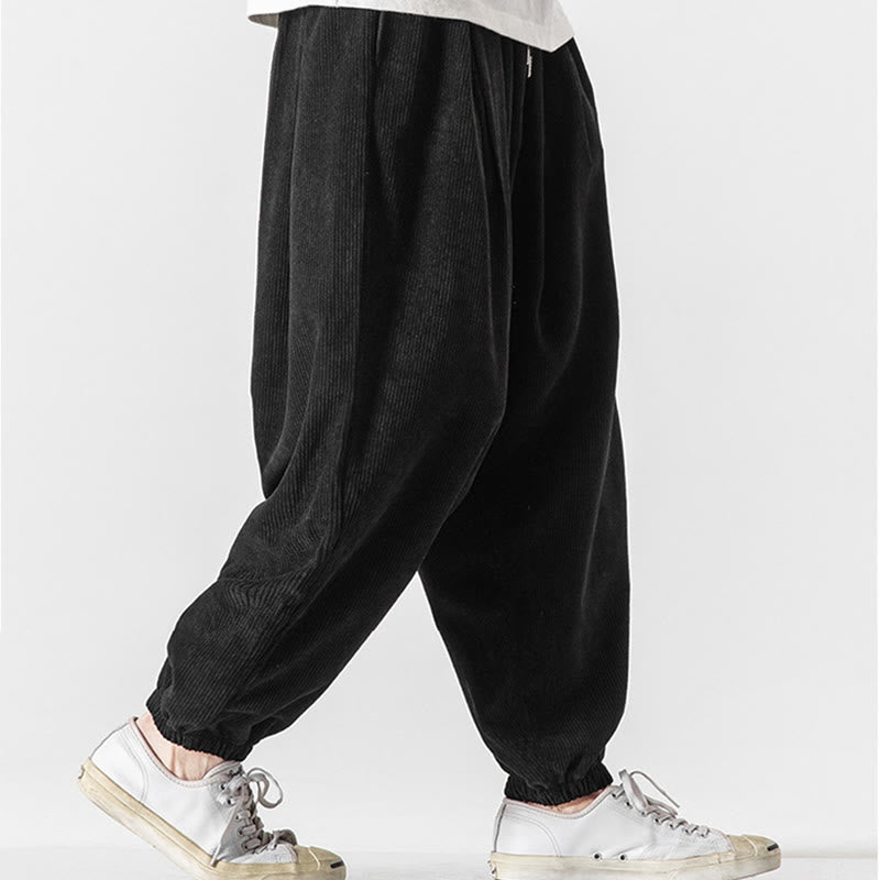 Nimara Ritual Casual Pure Color Men's Drawstring Corduroy Harem Ankle-Length Pants With Pockets
