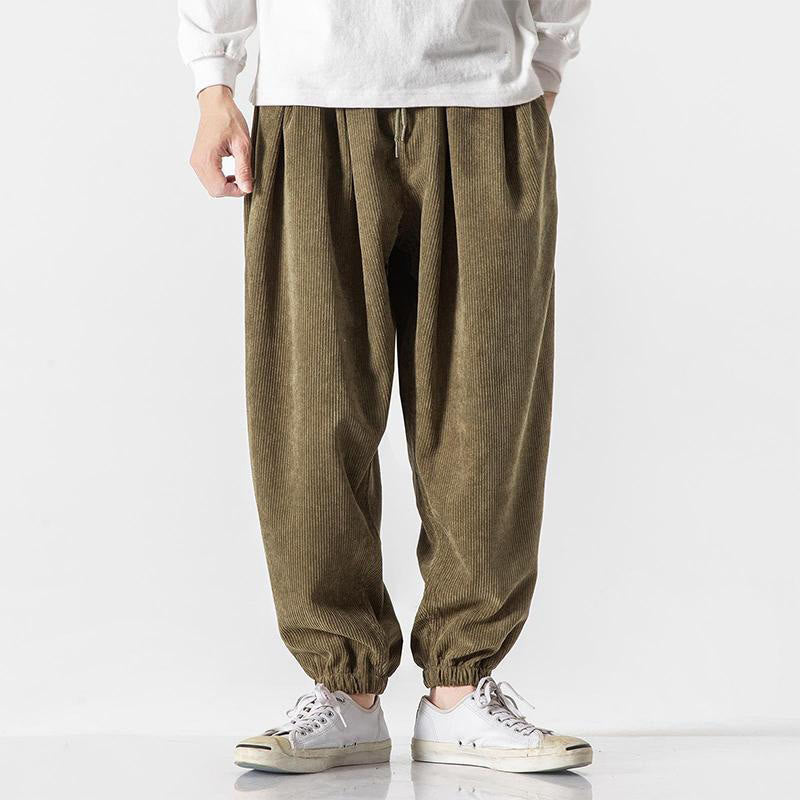Nimara Ritual Casual Pure Color Men's Drawstring Corduroy Harem Ankle-Length Pants With Pockets