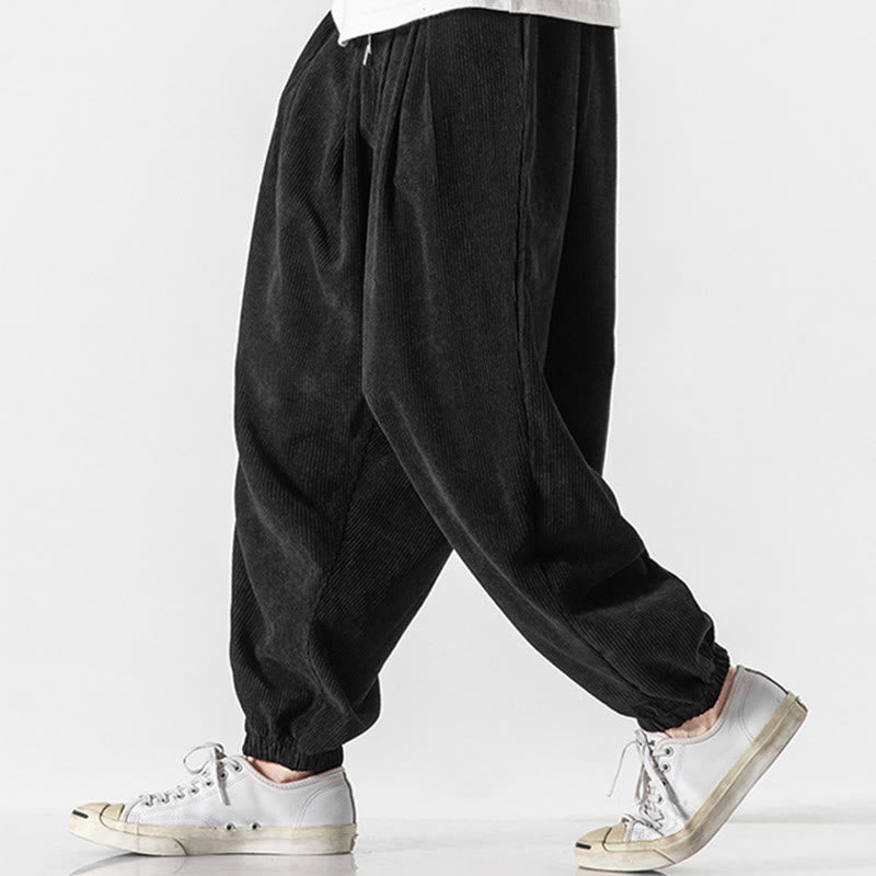 Nimara Ritual Casual Pure Color Men's Drawstring Corduroy Harem Ankle-Length Pants With Pockets
