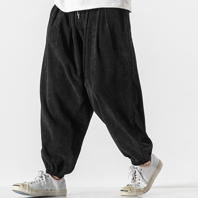 Nimara Ritual Casual Pure Color Men's Drawstring Corduroy Harem Ankle-Length Pants With Pockets