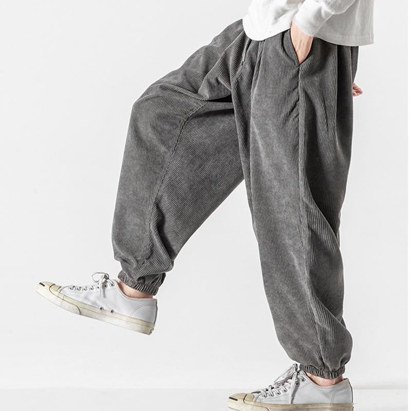 Nimara Ritual Casual Pure Color Men's Drawstring Corduroy Harem Ankle-Length Pants With Pockets
