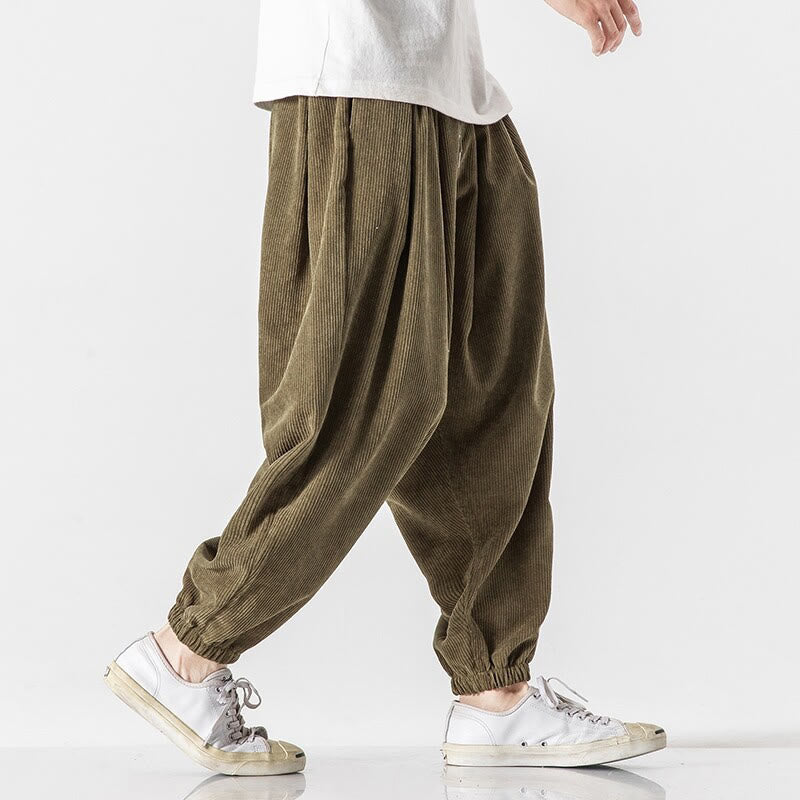 Nimara Ritual Casual Pure Color Men's Drawstring Corduroy Harem Ankle-Length Pants With Pockets