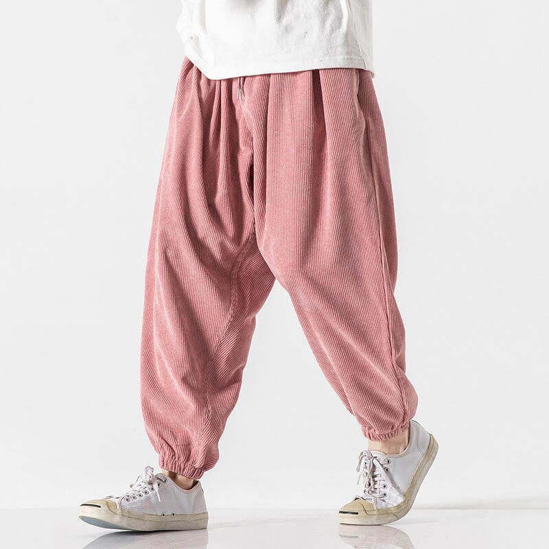 Nimara Ritual Casual Pure Color Men's Drawstring Corduroy Harem Ankle-Length Pants With Pockets