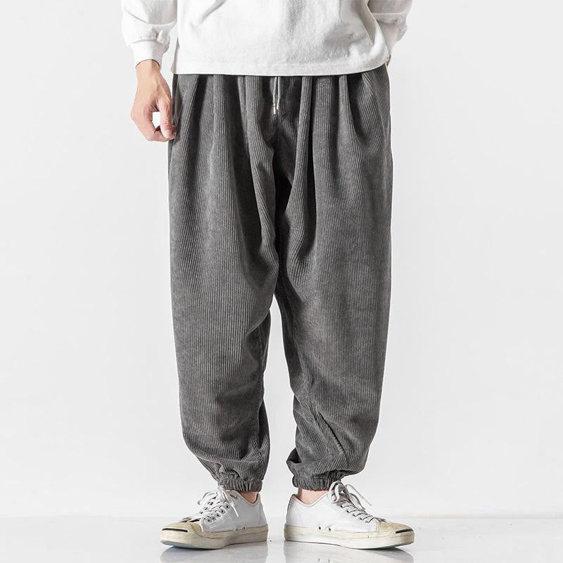 Nimara Ritual Casual Pure Color Men's Drawstring Corduroy Harem Ankle-Length Pants With Pockets