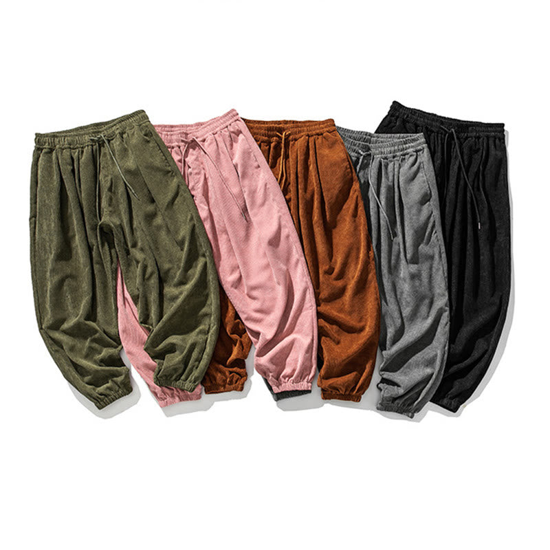 Nimara Ritual Casual Pure Color Men's Drawstring Corduroy Harem Ankle-Length Pants With Pockets