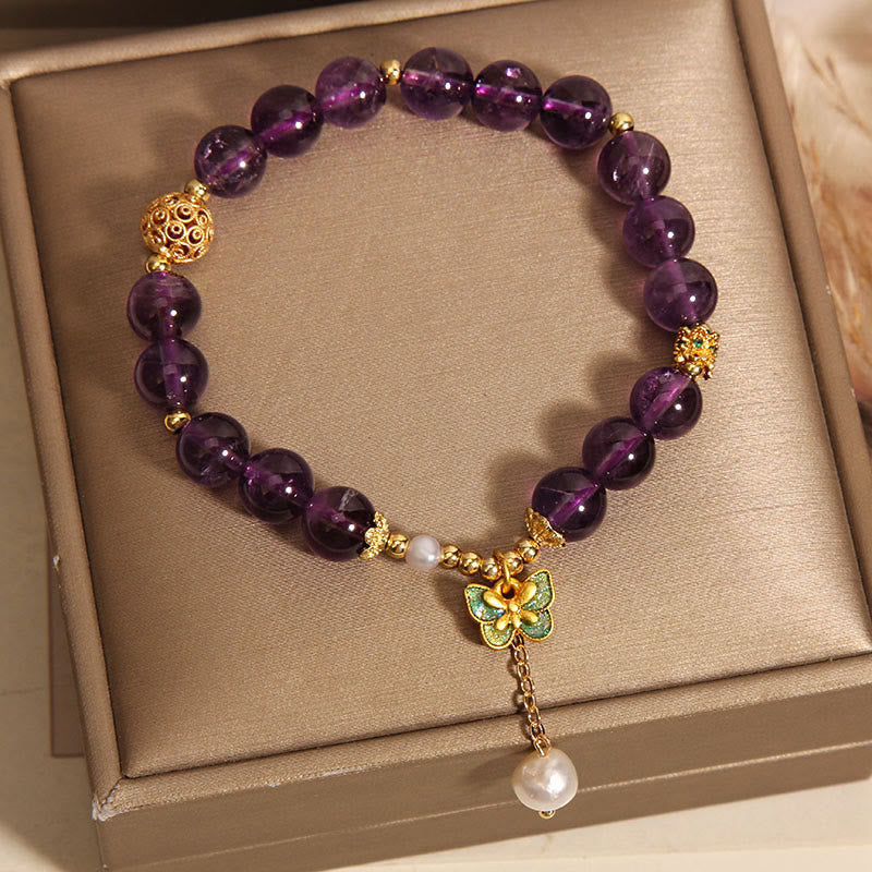 Nimara Ritual Natural Amethyst Amber Green Butterfly Healing Bracelet