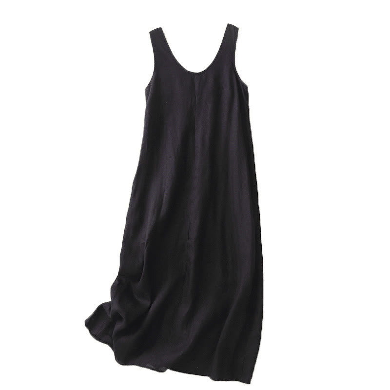 Nimara Ritual Summer Daily Casual Pure Color Crew Neck Simple Design Sleeveless Midi Dress With Pockets