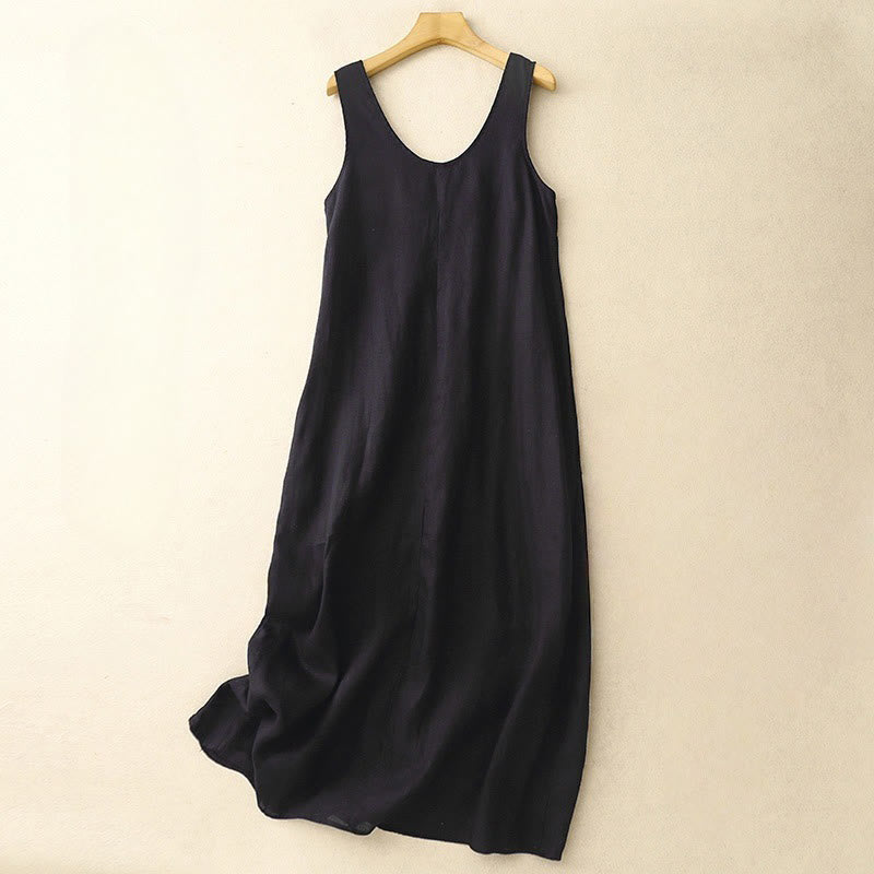 Nimara Ritual Summer Daily Casual Pure Color Crew Neck Simple Design Sleeveless Midi Dress With Pockets