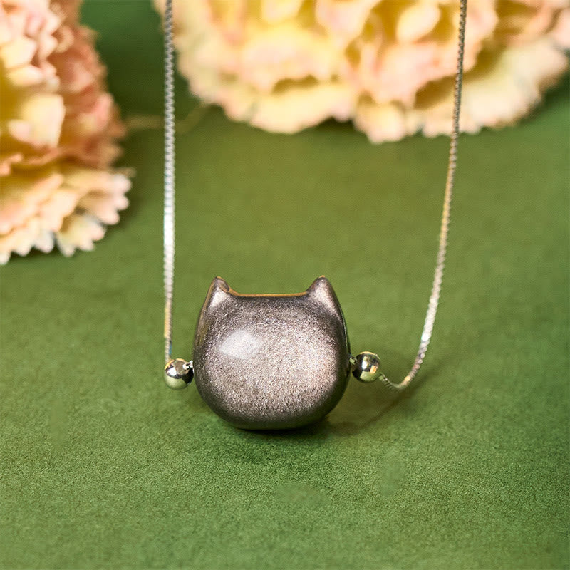 Nimara Ritual 925 Sterling Silver Natural Silver Sheen Obsidian Gold Sheen Obsidian Cat Necklace