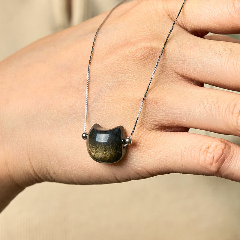 Nimara Ritual 925 Sterling Silver Natural Silver Sheen Obsidian Gold Sheen Obsidian Cat Necklace