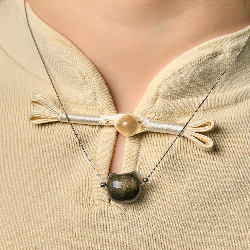 Nimara Ritual 925 Sterling Silver Natural Silver Sheen Obsidian Gold Sheen Obsidian Cat Necklace