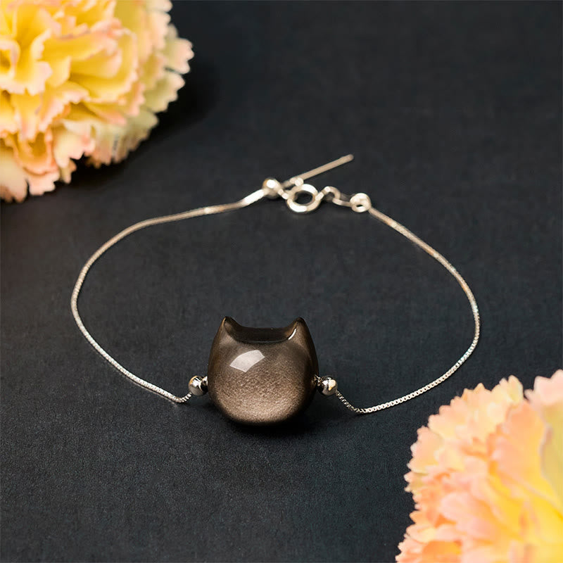 Nimara Ritual 925 Sterling Silver Silver Sheen Obsidian Gold Sheen Obsidian Cat Soothing Bracelet