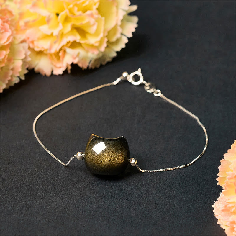 Nimara Ritual 925 Sterling Silver Silver Sheen Obsidian Gold Sheen Obsidian Cat Soothing Bracelet