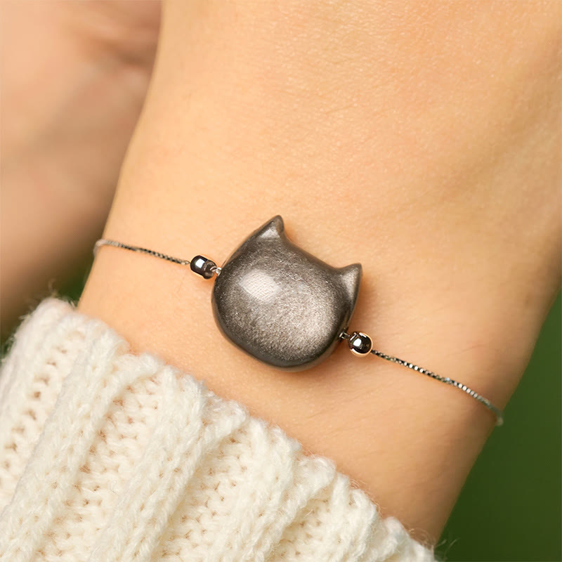 Nimara Ritual 925 Sterling Silver Silver Sheen Obsidian Gold Sheen Obsidian Cat Soothing Bracelet