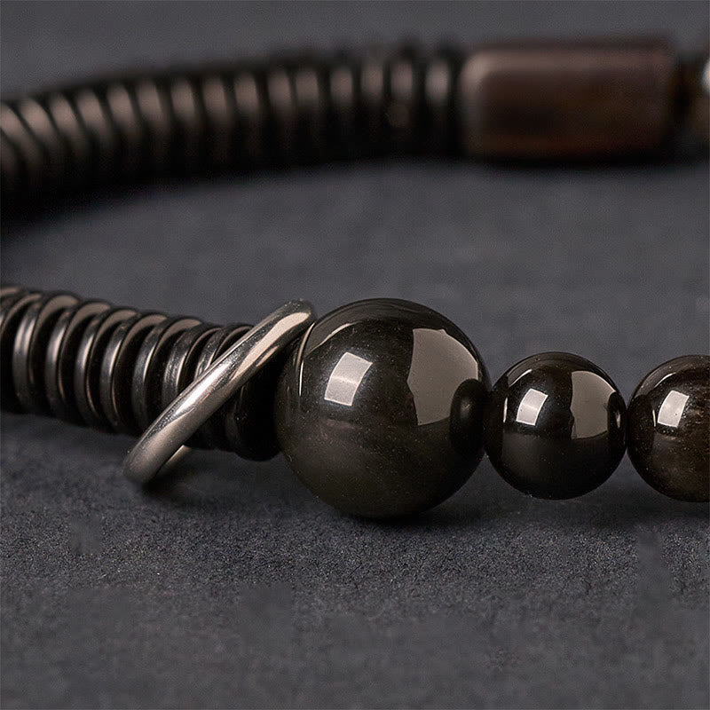 Nimara Ritual Silver Sheen Obsidian Coconut Shell Protection Bracelet