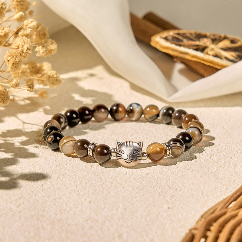 Nimara Ritual Chocolate Siamese Cat Natural Brown Striped Agate Bead Stability Bracelet