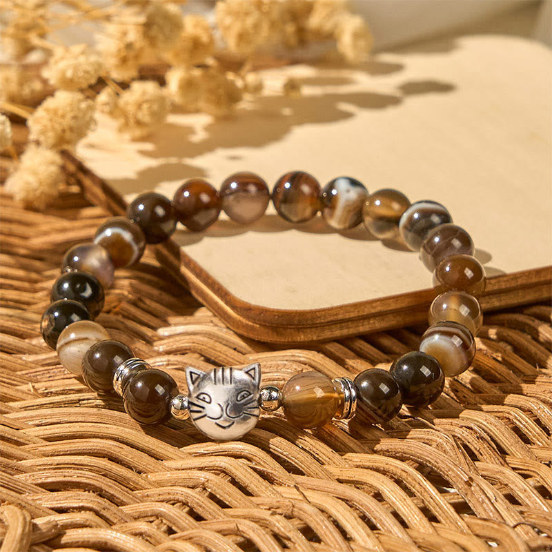Nimara Ritual Chocolate Siamese Cat Natural Brown Striped Agate Bead Stability Bracelet