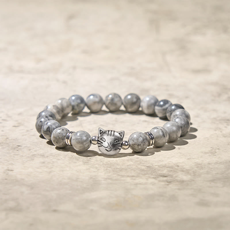 Nimara Ritual Cute Cat Natural Grey Jasper Bead Healing Bracelet