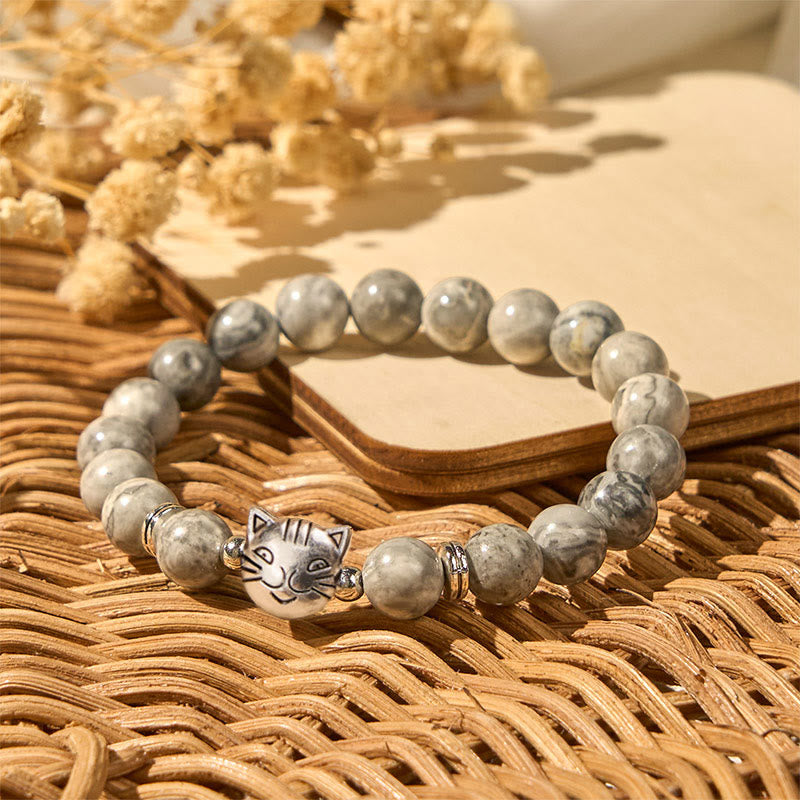 Nimara Ritual Cute Cat Natural Grey Jasper Bead Healing Bracelet