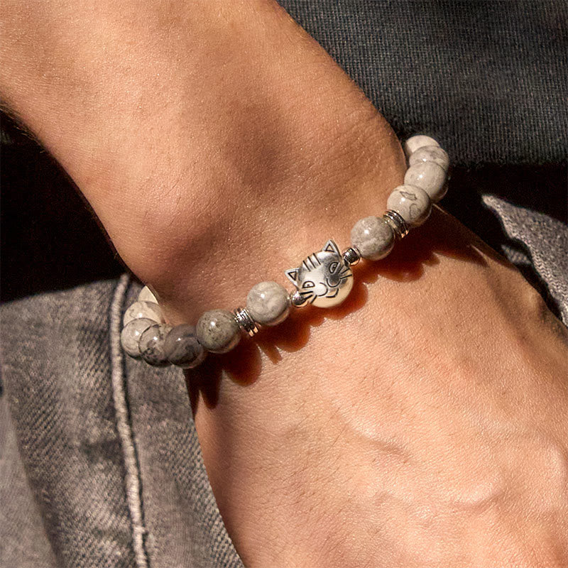 Nimara Ritual Cute Cat Natural Grey Jasper Bead Healing Bracelet