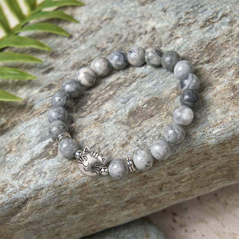 Nimara Ritual Cute Cat Natural Grey Jasper Bead Healing Bracelet