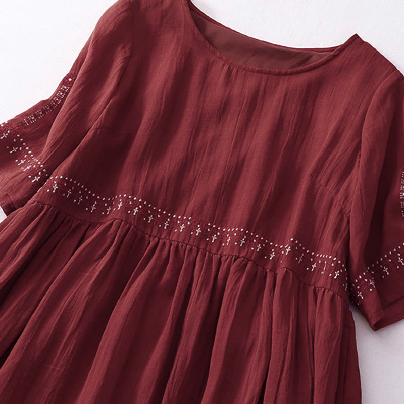 Nimara Ritual Solid Color Embroidery Short Sleeve Cotton Midi Dress With Pockets