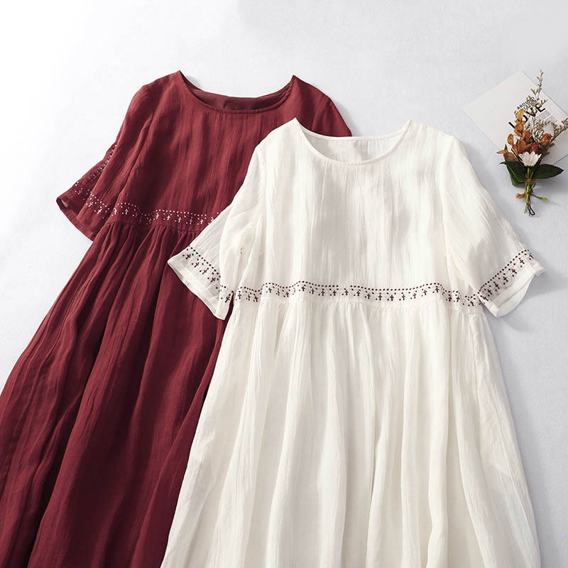 Nimara Ritual Solid Color Embroidery Short Sleeve Cotton Midi Dress With Pockets