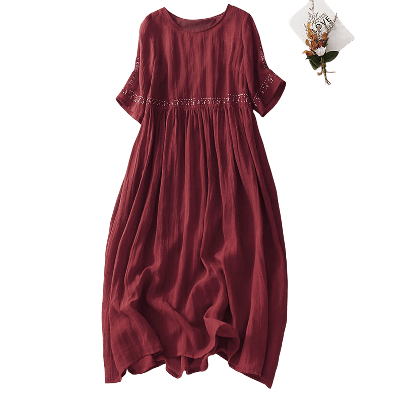 Nimara Ritual Solid Color Embroidery Short Sleeve Cotton Midi Dress With Pockets