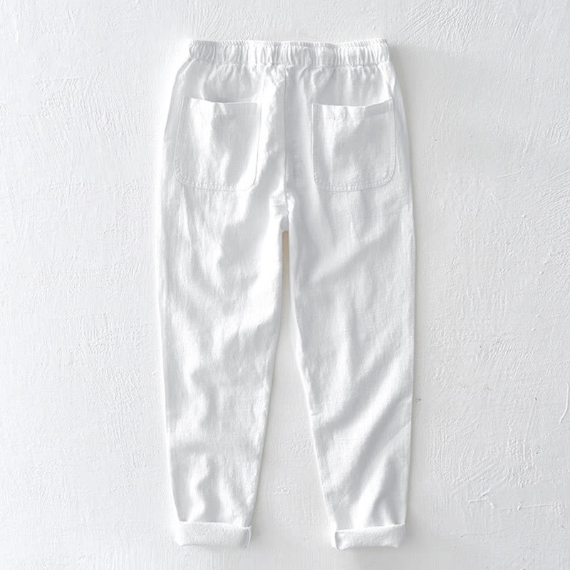 Nimara Ritual Casual Solid Color Simple Design Drawstring Ramie Linen Men's Pants With Pockets