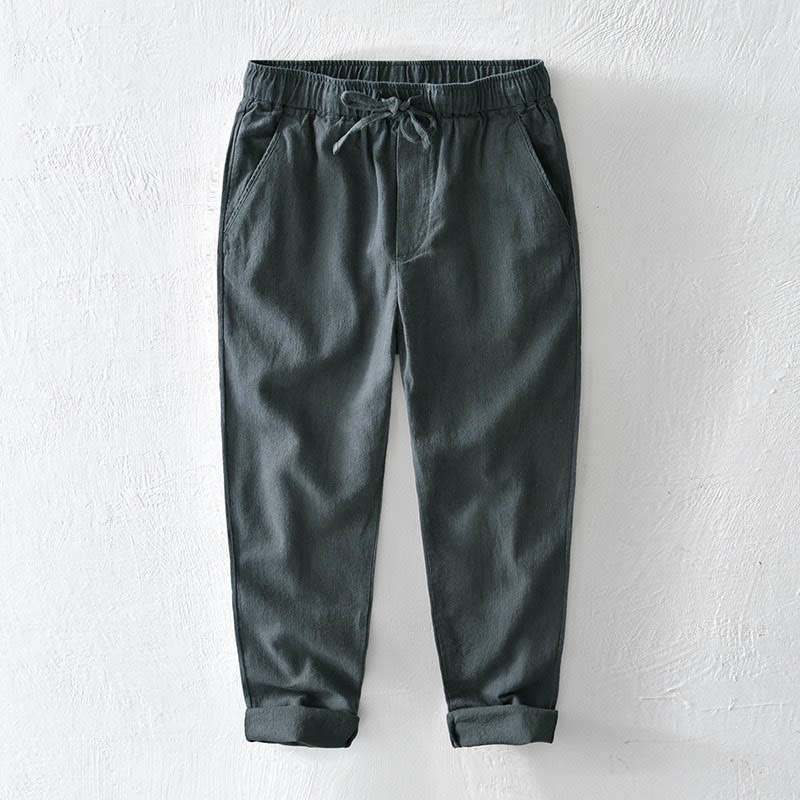 Nimara Ritual Casual Solid Color Simple Design Drawstring Ramie Linen Men's Pants With Pockets