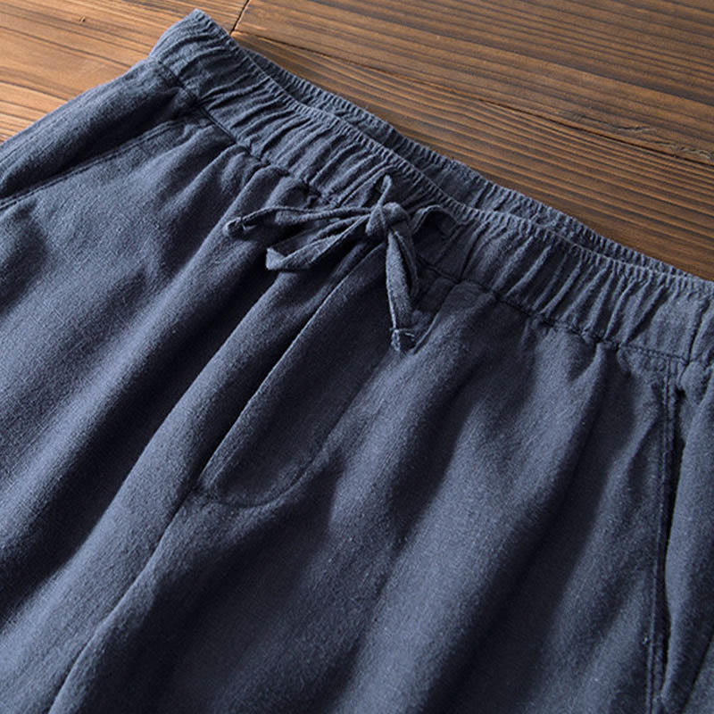 Nimara Ritual Casual Solid Color Simple Design Drawstring Ramie Linen Men's Pants With Pockets