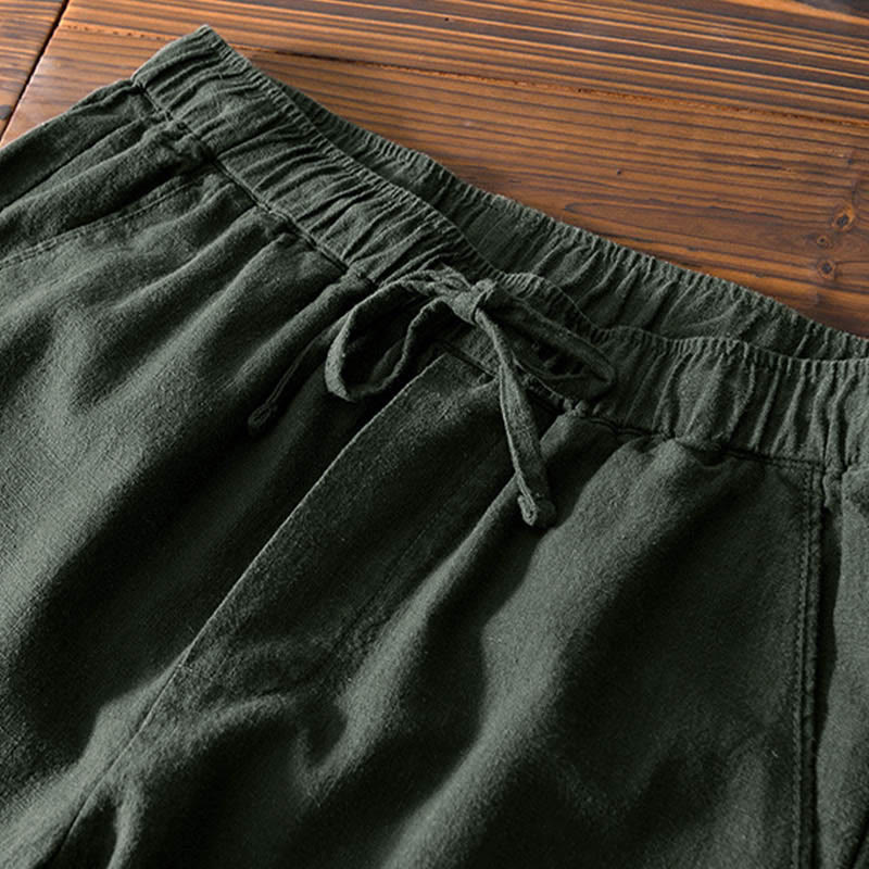 Nimara Ritual Casual Solid Color Simple Design Drawstring Ramie Linen Men's Pants With Pockets