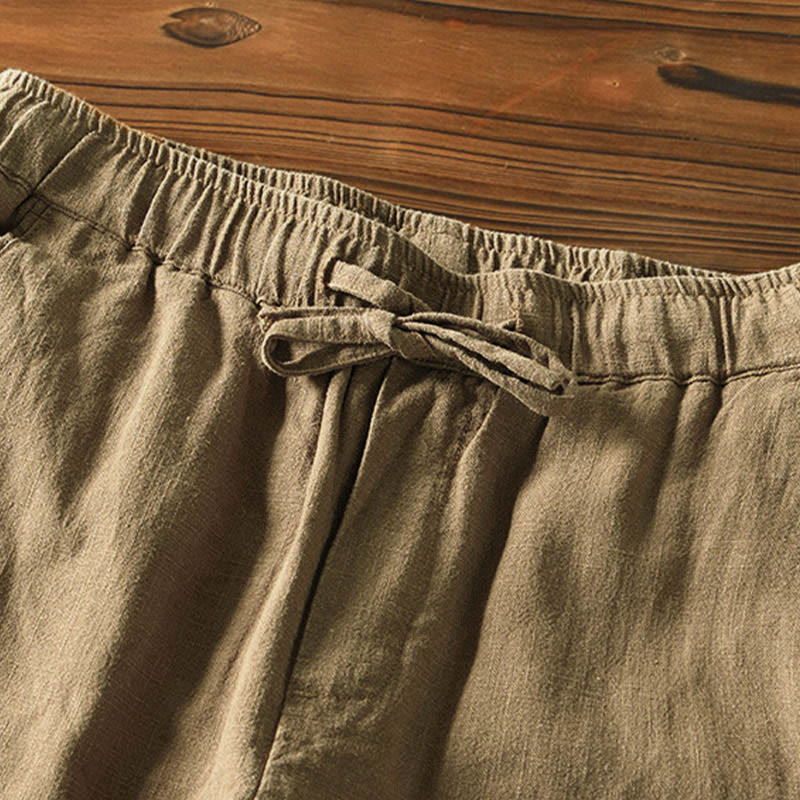 Nimara Ritual Casual Solid Color Simple Design Drawstring Ramie Linen Men's Pants With Pockets