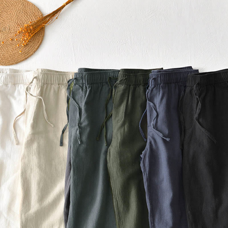 Nimara Ritual Casual Solid Color Simple Design Drawstring Ramie Linen Men's Pants With Pockets