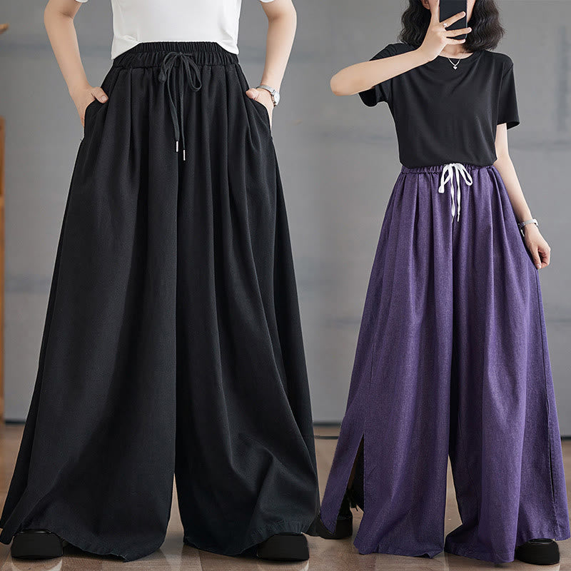 Nimara Ritual Retro Leg Opening Slit Design Women's Wide Leg Pants With Pockets
