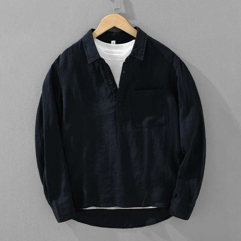 Nimara Ritual Solid Color Loose Long Sleeve Half Button Shirt Linen Men Clothing