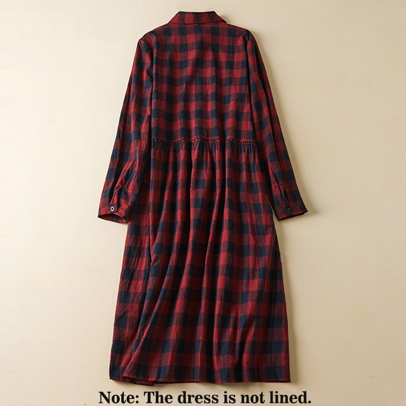 Nimara Ritual Contrast Color Plaid Buttons Design Long Sleeve Midi Dress With Pockets