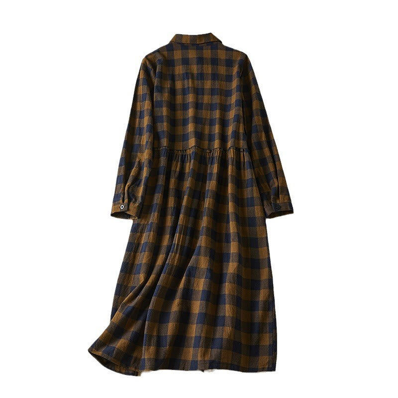 Nimara Ritual Contrast Color Plaid Buttons Design Long Sleeve Midi Dress With Pockets