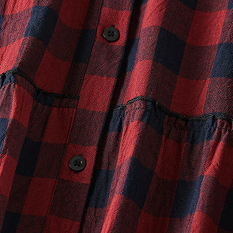 Nimara Ritual Contrast Color Plaid Buttons Design Long Sleeve Midi Dress With Pockets