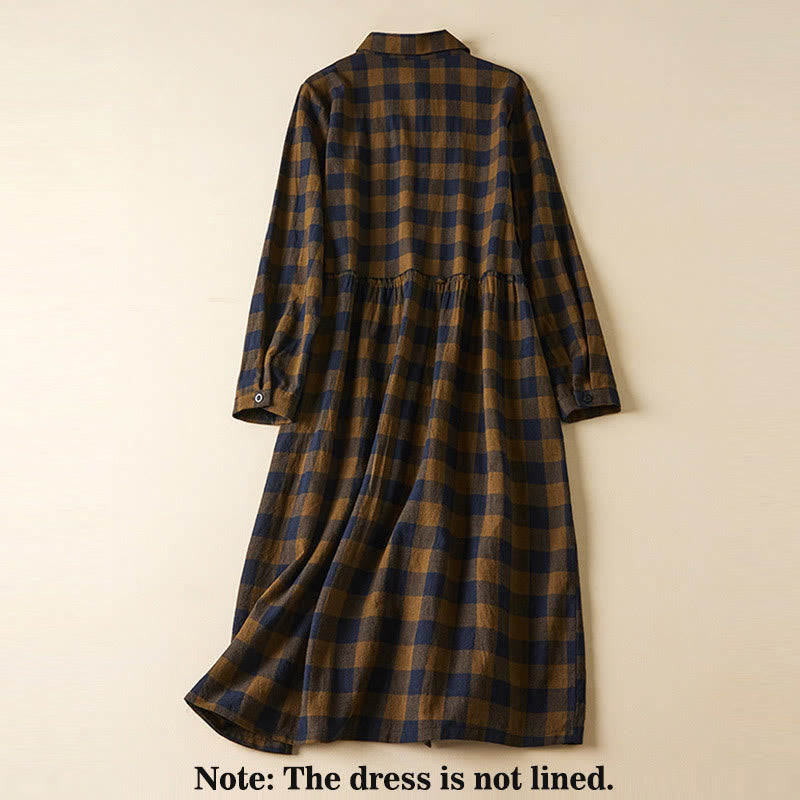 Nimara Ritual Contrast Color Plaid Buttons Design Long Sleeve Midi Dress With Pockets