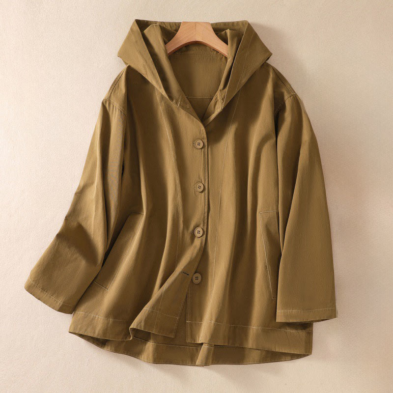 Nimara Ritual Pure Color Hooded Women's Long Sleeve Cotton Jacket With Pockets