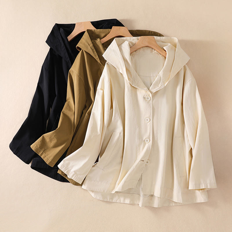 Nimara Ritual Pure Color Hooded Women's Long Sleeve Cotton Jacket With Pockets