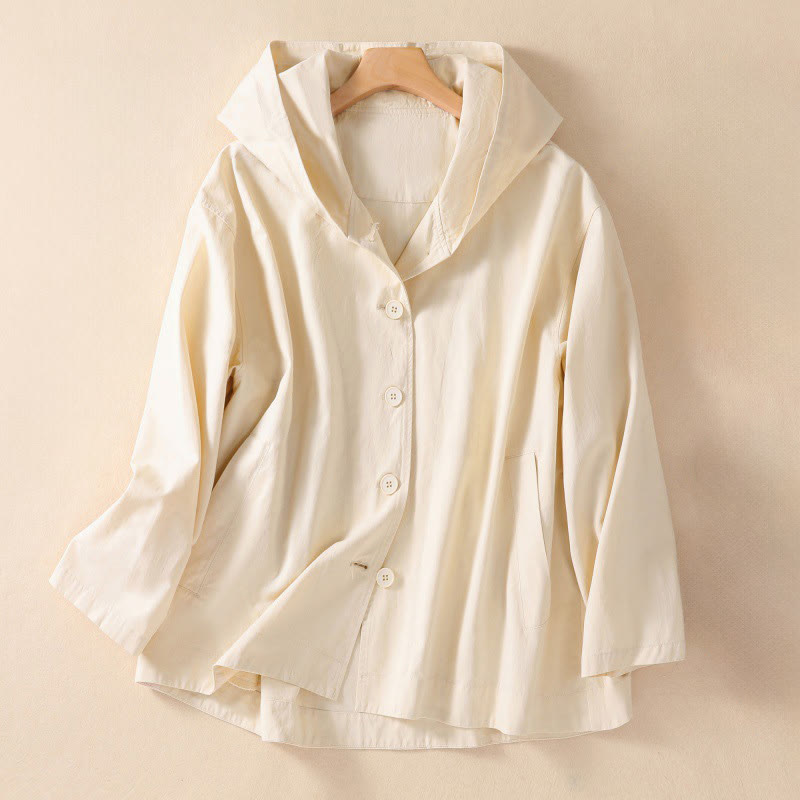 Nimara Ritual Pure Color Hooded Women's Long Sleeve Cotton Jacket With Pockets